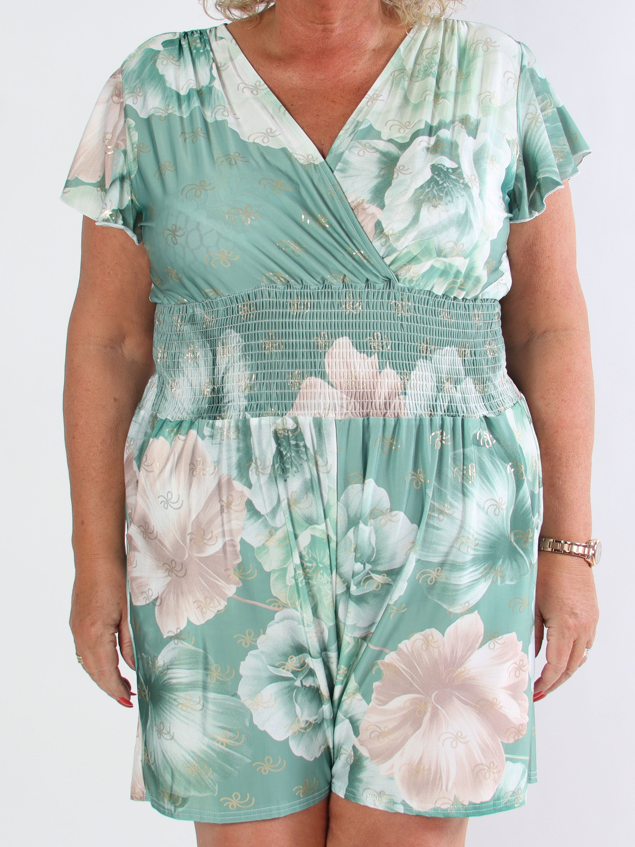 Pams Peony Playsuit - Jumpsuit i stor storlek med resår och blommigt tryck